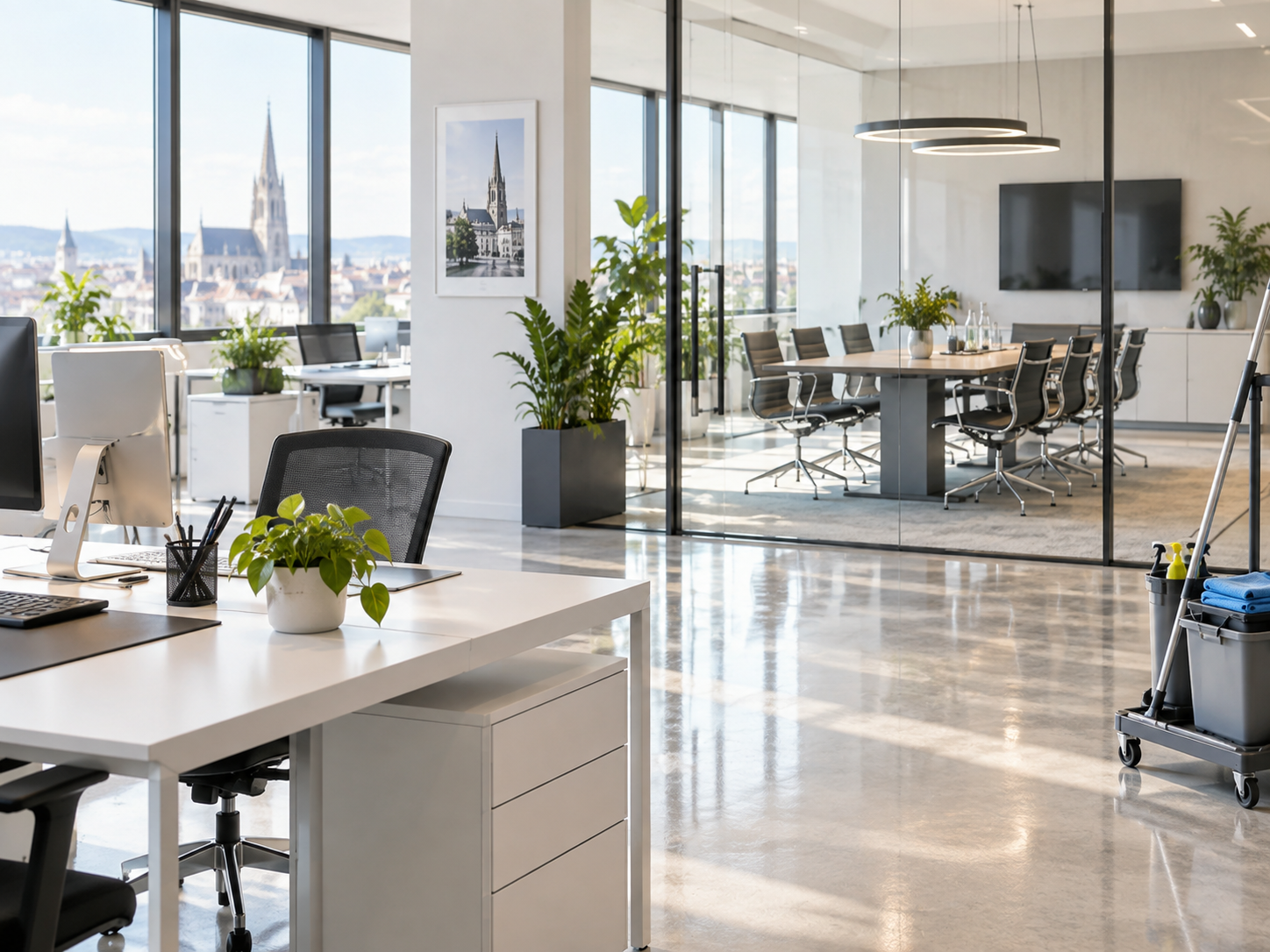 Professionelle Unterhaltsreinigung in Wien in einem modernen Büro